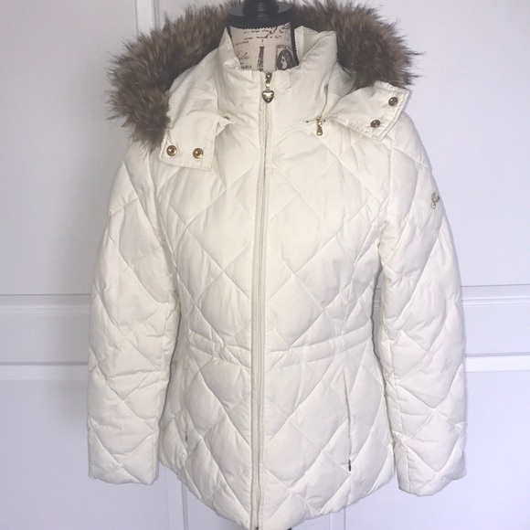 GUESS®️FAUX FUR TRIM HOODED PUFFER COAT - Picture 1 of 8
